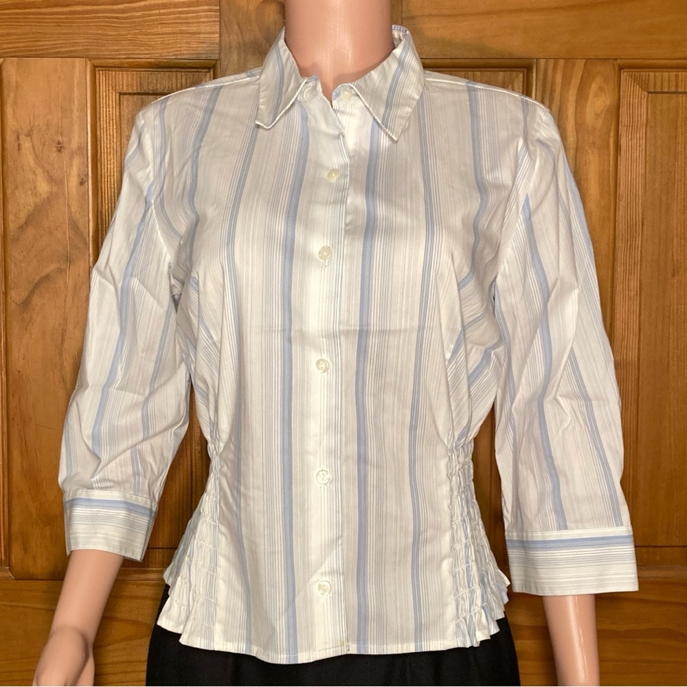 NWOT Apostrophe Stretch Vintage 80s 90s Top 3/4 Sleeve Blouse White Blue Size 12